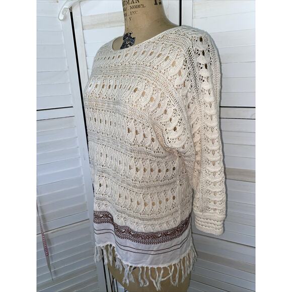 Nurture Cream Long Pullover Sweater Ramie Cotton Fringes Embroidery Sz Small - Picture 2 of 7